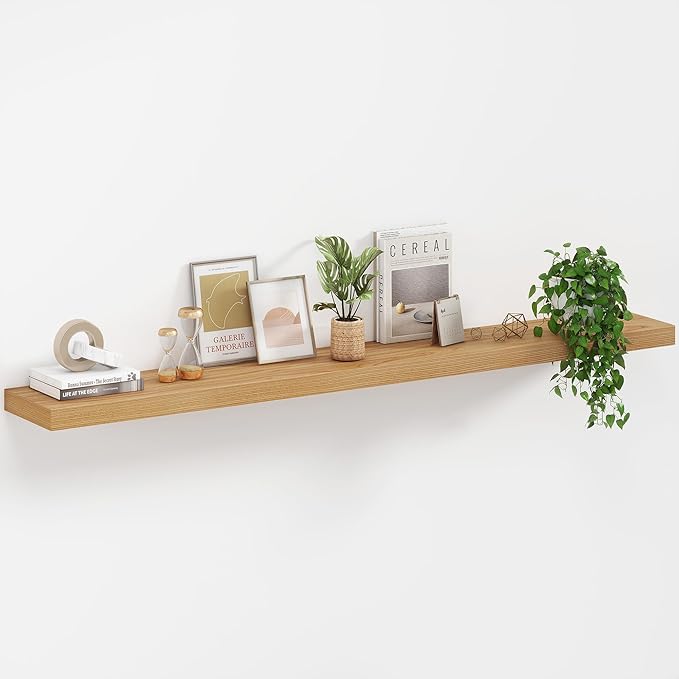 Fun Memories 55 Inch Floating Shelves, USA-Sourced Rustic Elm Wood Floating Shelves Wall Mounted, Wall Shelves with Invisible Bracket for Living Room Bathroom Bedroom Kitchen(Natural, 55"x 8")