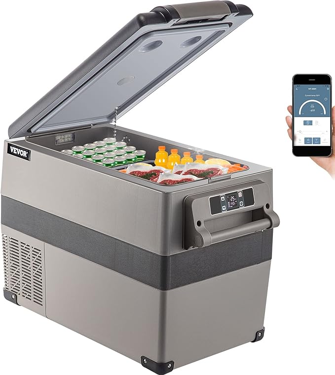 VEVOR 12 Volt Refrigerator, 48 Quart (45L) Fast Cooling Portable Freezer with App Control (-4℉~68℉), Car Fridge with 12/24v DC & 110-240v AC for Travel, Truck, Camping and Home Use, Grey