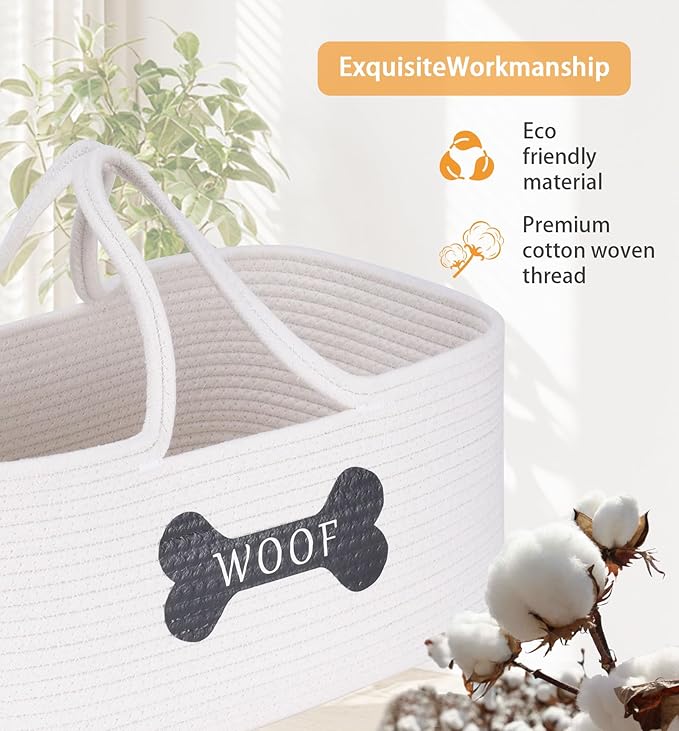 Woven Dog Toys Basket,Cotton Rope Baskets for Dog Cat Accessories,Pet Storage Tote with Long Handle for Snack and Camping Essentials,Ideal for Car Trunk, RV trip,Picnic