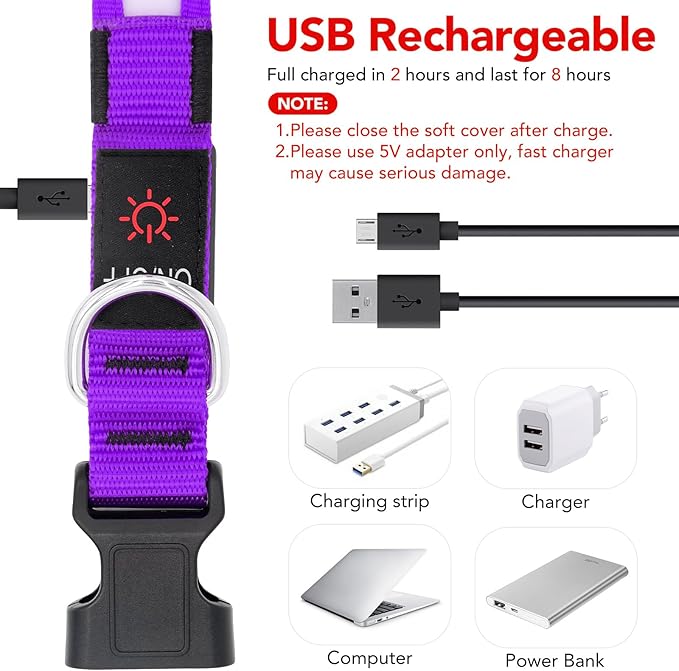 VIZPET LED Dog Collar, Light Up Dog Collar Adjustable USB Rechargeable Super Bright Safety Light Glowing Collars for Dogs (Purple, X-Large[22.83-27.55 inch/58-70cm])