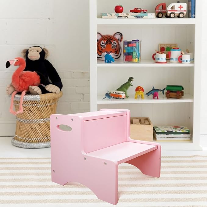 WOOD CITY Wooden Toddler Step Stool for Kids, Pink Two Step Children's Stool with Handles, Bonus Non-Slip Pads for Safety, Bathroom Potty Stool & Kitchen Step Stools Dual Height