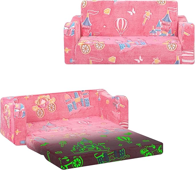 Kids Couch Extra Large,Glow in The Dark 2-in-1 Folding Kids Sofa Bed for Girls,2 Seats Convertible Sleeper Lounger Toddler Couch for Children Bedroom Playroom Nursery,Castle