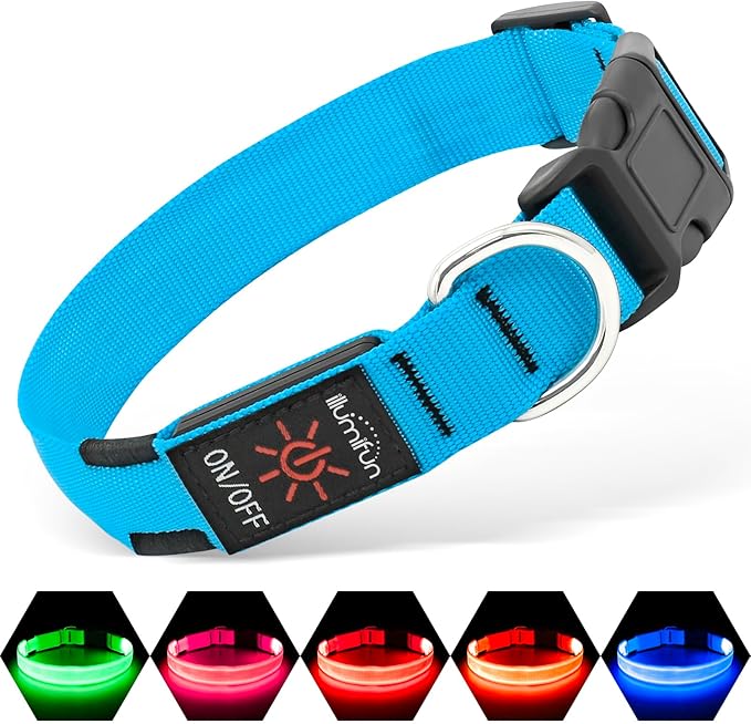 Illumifun LED Dog Collar, Adjustable Dog Light Up Collars, USB Rechargeable Safety Collar Light Glow in The Dark (Blue, Large)
