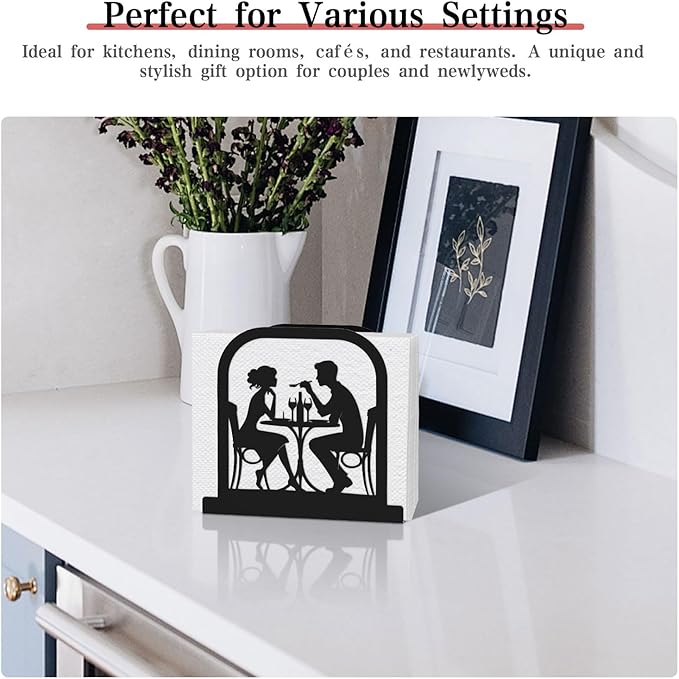 Modern Standing Napkin Holder for table, Black Metal Napkin Dispenser, Romantic Couple Meal Theme Style Napkin Holder, Suitable for Kitchen, Coffee Shop, Dining Room