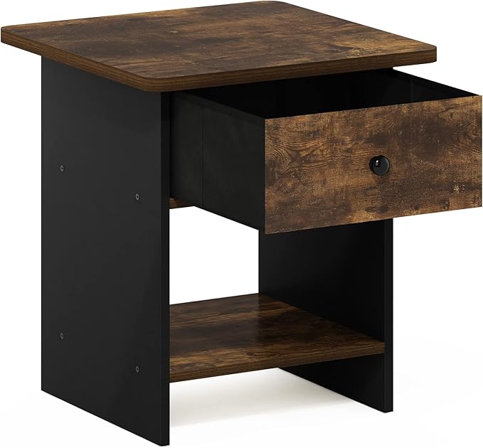 Furinno Dario End Table/ Night Stand Storage Shelf with Bin Drawer, Amber Pine/Black, 1-Pack, Upper Bin