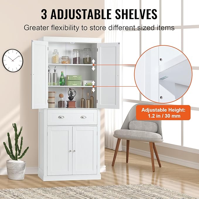 VEVOR 72" Tall Storage Cabinet with Doors, Drawer, 3 Adjustable Shelves, Utility Pantry for Kitchen, Living Room, Dining, Laundry, Pearl White