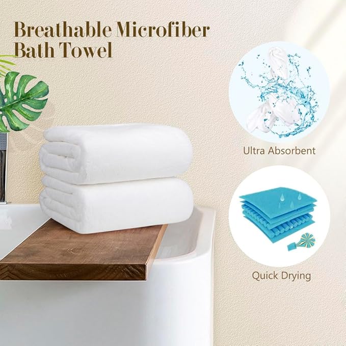 Orighty Bath Towels Pack of 2(27’’ x 54’’) - Soft Feel White Bath Towel, Highly Absorbent Bathroom Towels for Body, Quick Drying, Towel for Sport, Yoga, SPA, Fitness