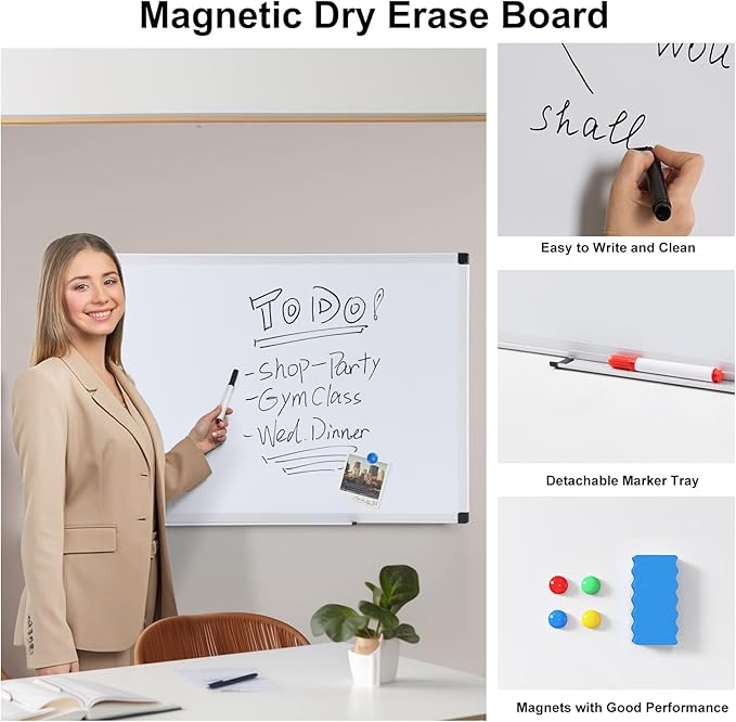 OLIXIS Magnetic White Board, Dry Erase Board for Wall 24" x 48", Whiteboard with 1 Dry Eraser & 2 Multicolor Markers & 4 Magnetic Pins, Aluminium Frame for School, Office, White
