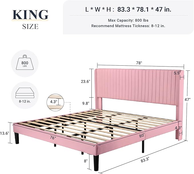 Allewie King Size Velvet Bed Frame/Vertical Channel Tufted Wingback Headboard/Upholstered Platform Bed/Strong Wooden Slats/No Box Spring Needed/Easy Assembly/Pink