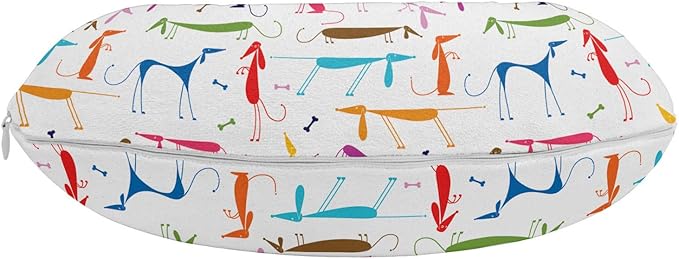 Ambesonne Dog Lover Travel Pillow Neck Rest, Dachshund Cartoon Doodles with Various Stances Pointing Smelling Running Standing, Memory Foam Traveling Accessory for Airplane and Car, 12", Green Red