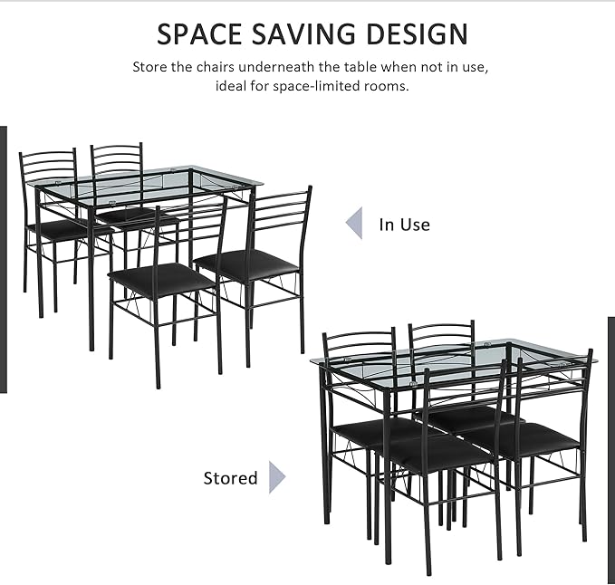 VECELO Kitchen Dining Table and Chairs Set for 4, PU Padded Seat & Glasses Tabletop, Space Saving, Matte Black