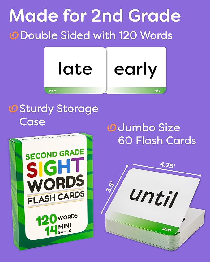 Sight Words Flash Cards 2nd Grade - 120 High Frequency Words from Dolch's and Fry's Lists for 7-8 Years