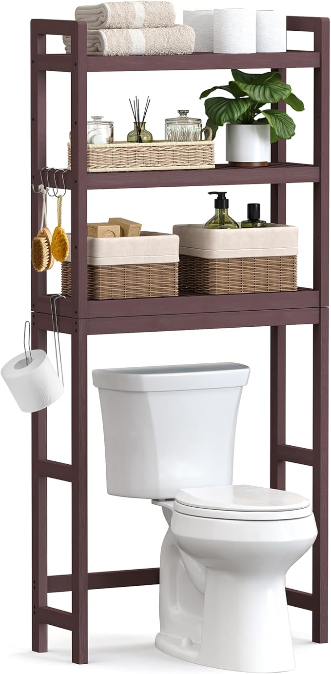 SONGMICS Over The Toilet Storage, 3-Tier Over Toilet Bathroom Organizer with Adjustable Shelf, 10.2 x 24.8 x 66.9 Inches, Space-Saving, Brown UBTS01BR