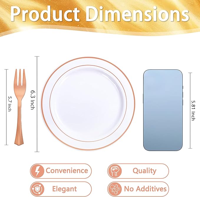 WELLIFE 240 Pieces Rose Gold Plastic Dessert Plates with Disposable Forks, Includes 120 Pcs Appetizers Plates 6.3 inch, 120 Pcs Rose Gold Forks, Perfect for Party and Weddings