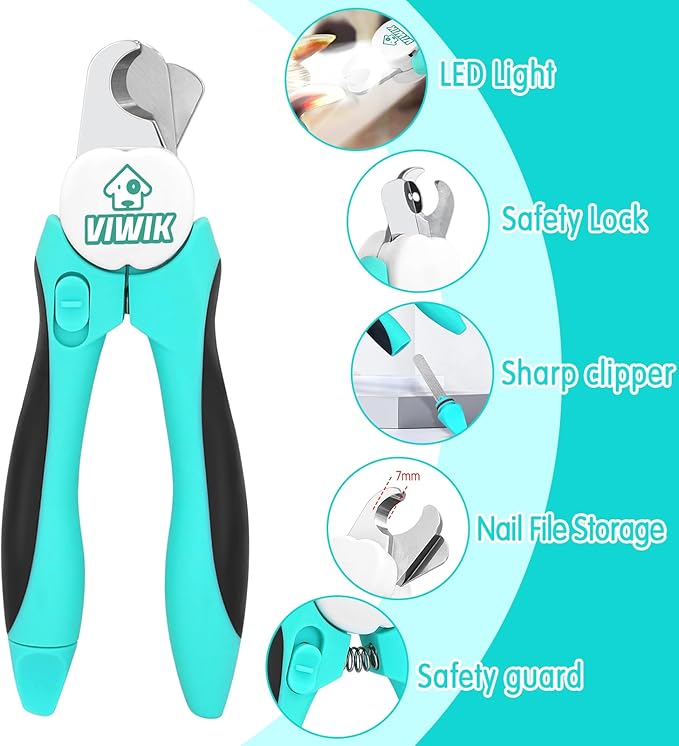 VIWIK 2 in 1 Dog Nail Trimmers with LED Light for Bloodline, Dog Comb, Dog Nail Clippers with Quick Sensor & Safety Guard to Avoid Overcutting, Cat Puppy Claw Clipper for Grooming with Nail File Blue