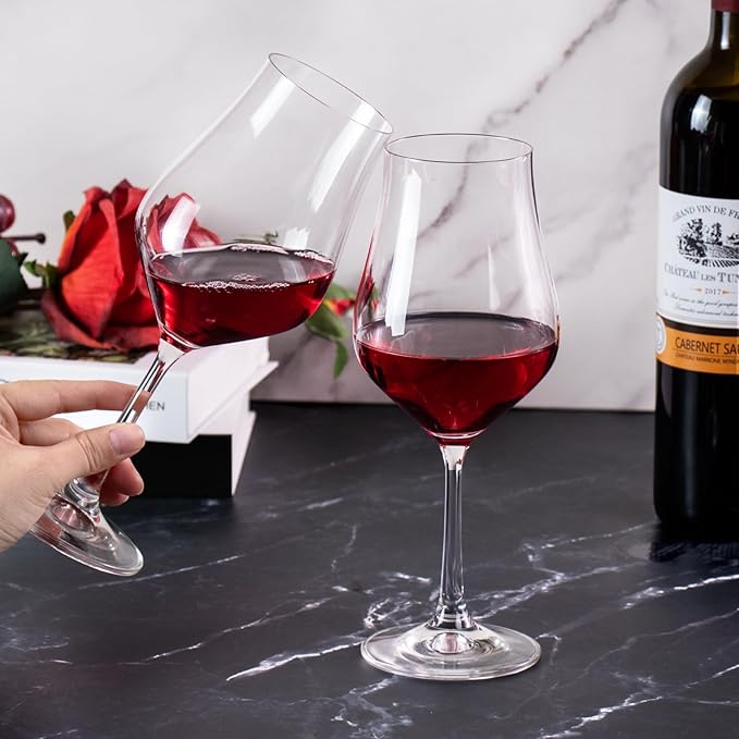 KAMMAK Wine Glasses Set of 2, 11.4 oz Hand Blown Crystal Bordeaux Wine Glasses, Thin Rim & Long Stem, Perfect for Red & White, Daily Use, Wedding Anniversary or Birthday Gift with Gift Box, Tulip