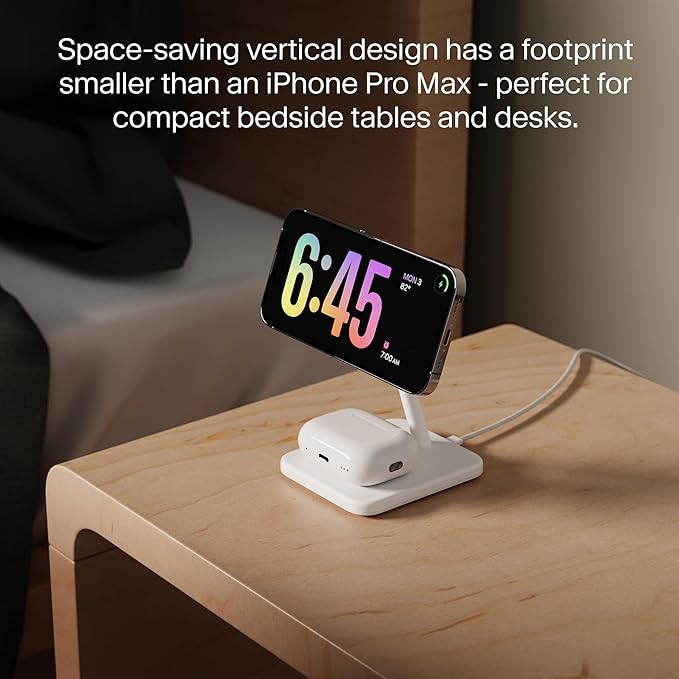 Twelve South HiRise 2 Deluxe 2-in-1 Wireless Charging Station for Apple Devices - Qi2 MagSafe Charger, Fast Wireless Charger Stand for iPhone 15 14 13 12 Pro & Max Series, AirPods Pro/3/2, White