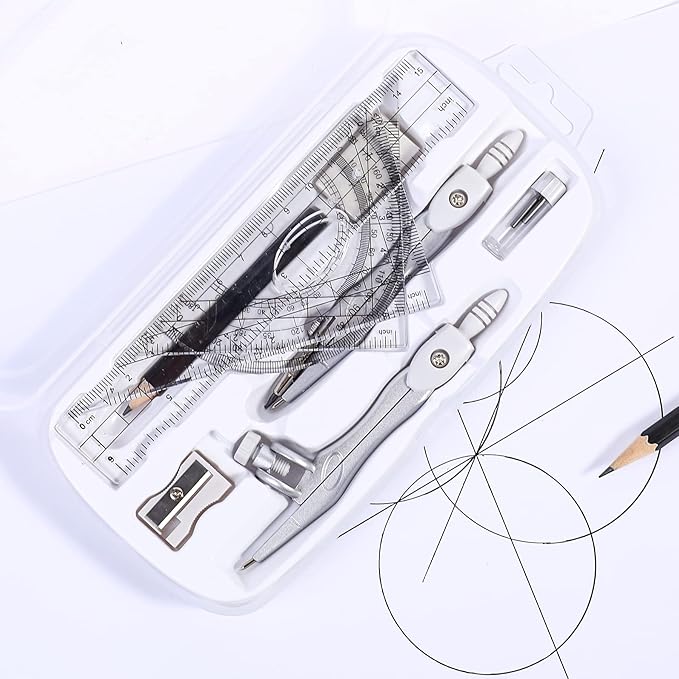 Math Geometry Kit Sets 10 Piece Student Supplies with Shatterproof Storage Box,Includes Rulers,Protractor,Compass,Eraser,Pencil Sharpener,Lead Refills,Pencil,for Drafting（White）