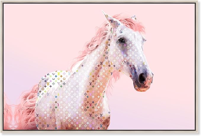 Country Farmhouse Canvas Print Painting Animal Wall Art 'Pink Glam Horse' Champagne Framed Canvas Rustic Home Décor 36x24 in Pink, White by Oliver Gal