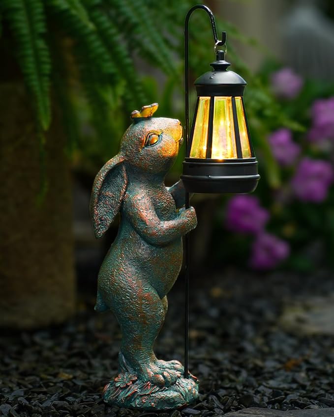 Garden Statues Outdoor Bunny with Solar Lantern – Rabbit Yard Decor, Waterproof Resin Figurine Pathway Light for Lawn & Patio