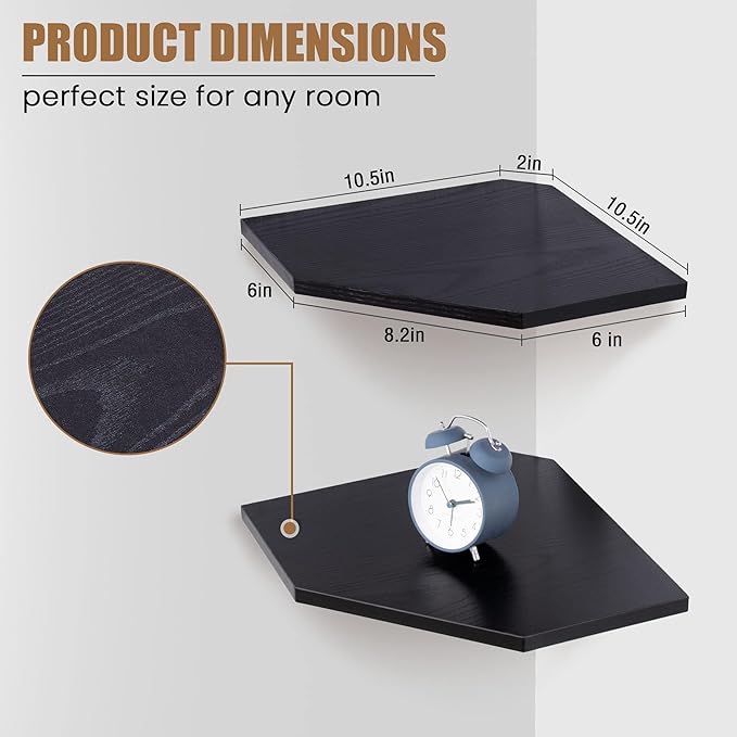 Fun Memories Corner Shelf Wall Mount, Floating Corner Shelves, Set of 2 Corner Wall Shelf Organizer, Rustic Wood Wall Storage Display Shelves for Living Room Bedroom Bathroom Kitchen, Classic Black