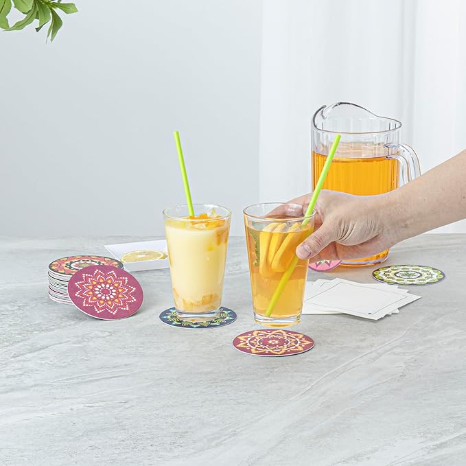 Restaurantware Paper Bar Coasters 48 Count 3.5 Inch Super Absorbent Beverage Coasters Pulpboard Assorted Design Drinkware Coasters Durable Paper Round Assorted