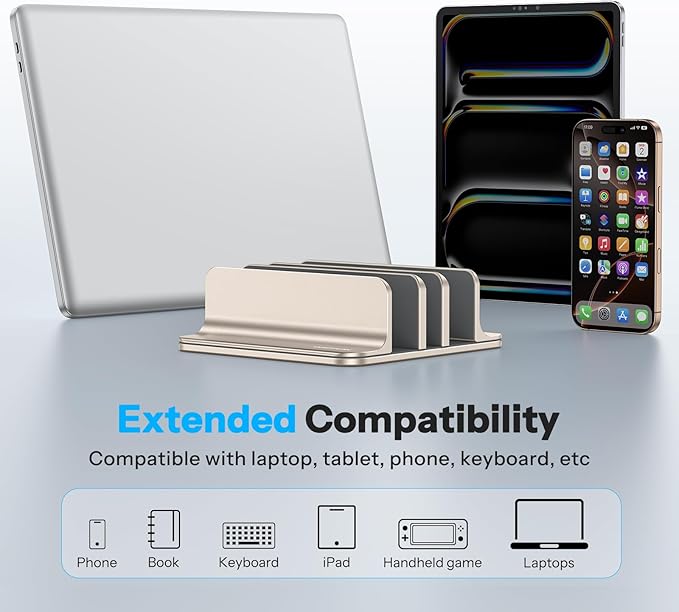 OMOTON 3-Slot Vertical Laptop Stand, Desktop Aluminum Stand for MacBook with Adjustable Dock Size, Fits All MacBook, Surface, Chromebook and Gaming Laptops (Up to 17.3 inches), Starlight