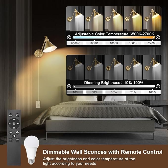 TRLIFE Dimmable Wall Sconce with Remote Control, Brushed Brass Plug in Wall Sconces Adjustable Color Temperature 2700K-6000K, Swing Arm Wall Lights with Plug in Cord, UL Listed(2 Pack, 2 Bulbs)