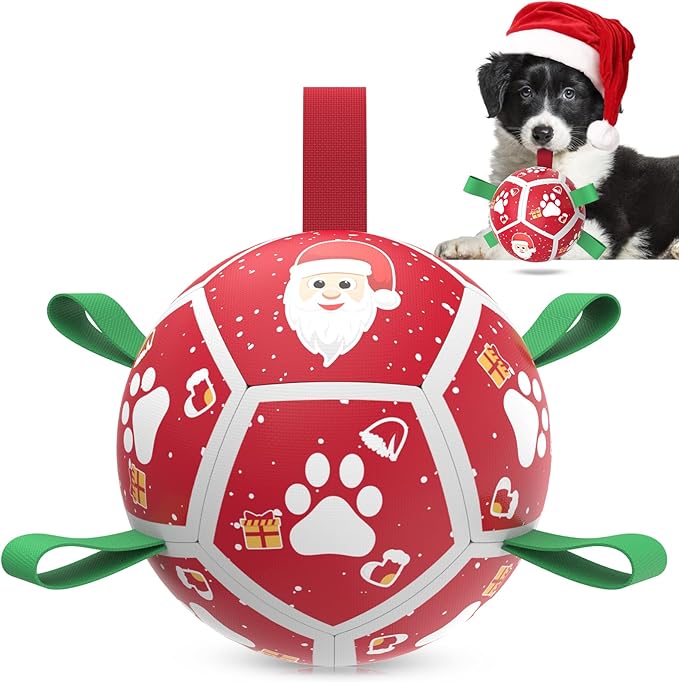QDAN Small Christmas Dog Toys, Soccer Ball with Straps, Outdoor Interactive Toys for Tug of War, Puppy Birthday Gifts, Water Toy, Durable Dog Balls for Puppy (5 Inch)