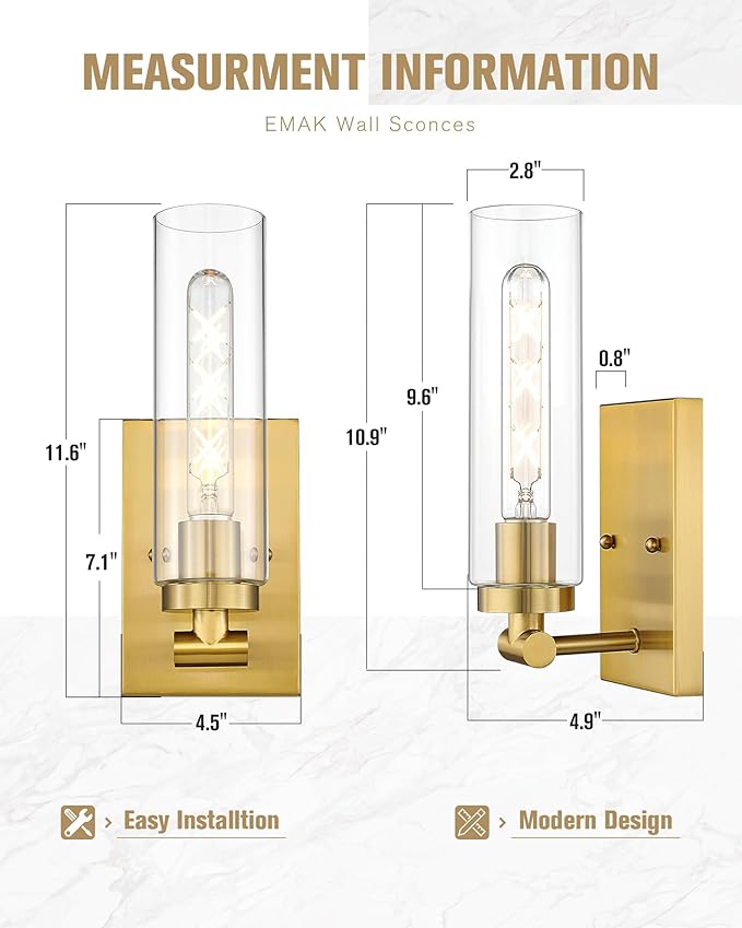 Emak Wall Sconces Set of Two, Modern Brushed Gold Sconce with Clear Glass Shade, Bathroom Lighting Fixtures for Mirror, Living Room, Bedroom, Gallery, WS086-BGD-CG-2PK
