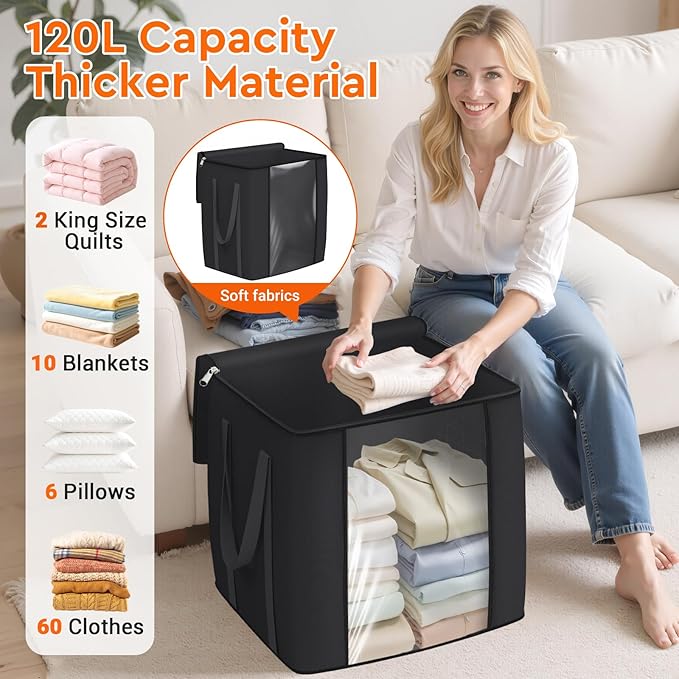 120L Extra Large Clothes Storage Bags, Foldable Blanket Storage and Organization, Thick Fabric Containers with Reinforced Handles & Zippers for Clothing, Comforters, Bedding, Black, 6 Pack