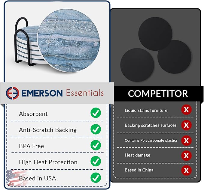 Emerson Coasters for Drinks Absorbent – Natural Stone Drink Coasters Set with Holder, Coasters for Coffee Table, Wooden Tabletop Protection Marble Style – 100% Heavy Duty Set of 6 (Beach)