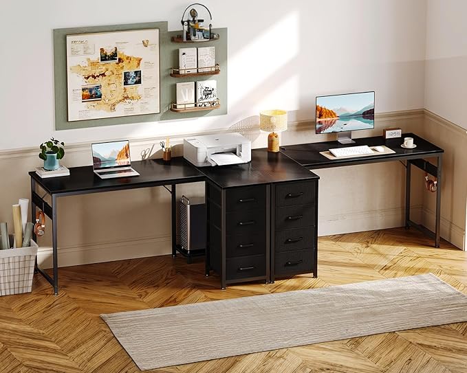Casaottima L Shaped Desk with 4 Drawers, 47" Corner Computer Desk with Storage, Reversible Kids Study Table with CPU Stand & Hook, Work Table for Home Office, Black