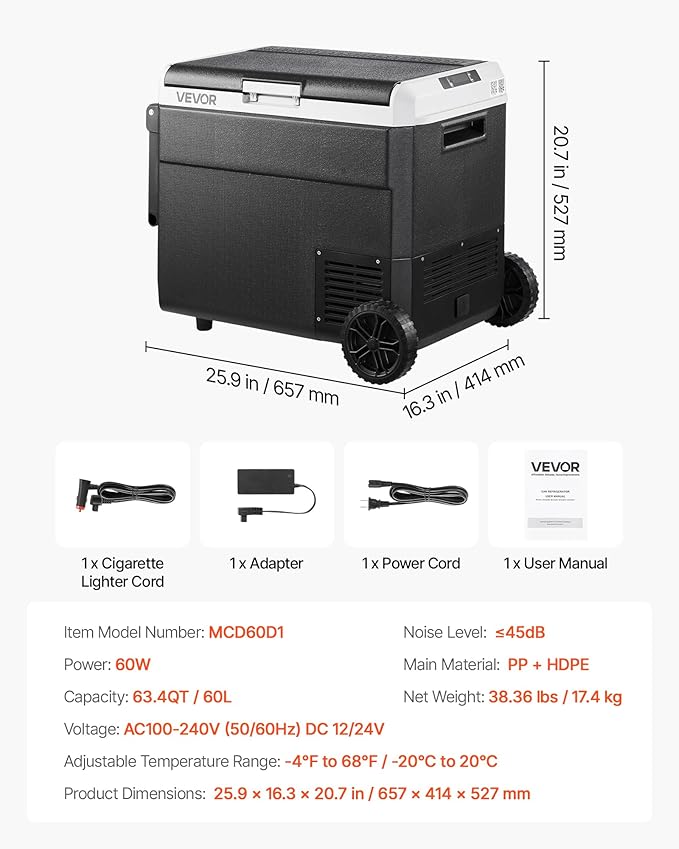 VEVOR 63.4QT/60L Car Fridge, Portable Electric Cooler with Wheels and Handle, -4℉~68℉, 12/24V DC and 100-240V AC Compressor Freezer for Outdoor, Camping, Travel, RV, Black