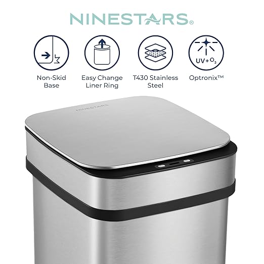 Ninestars 13 Gallon Odor Neutralizing Smart Kitchen Trash Can, Automatic Odor Control Motion Sensor Garbage Bin, Universal Power Adapter, 50 Liter Smart Opening Stainless Steel, Nova Series