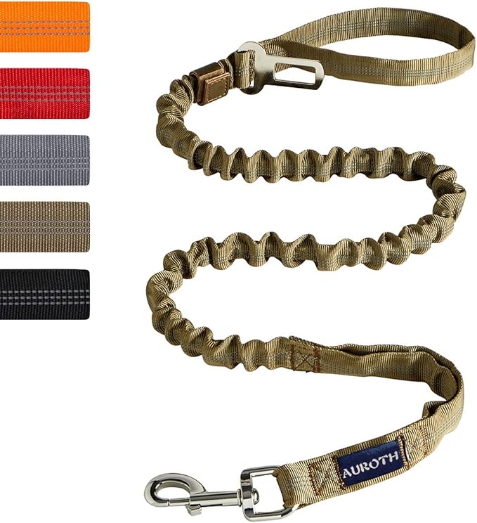 AUROTH Heavy Duty Bungee Dog Leash for Large Breed Dogs, No Pull for Shock Absorption with Car Seat Belt, 2 Padded Handles 4.5Foot 6Foot Training Dog Leash Army Yellow