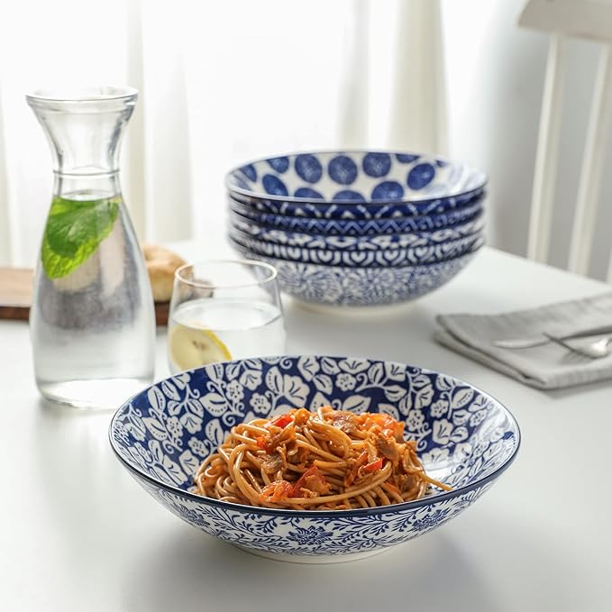 Selamica Ceramic 30oz Large Pasta Salad Bowls 8 Inch Wide and Shallow Soup Bowls, Stackable, Microwave and Oven Safe, Set Of 6, Vintage Blue