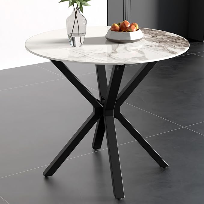Round Faux Marble Dining Table Modern 32 Inch Kitchen Table with Black Metal Legs for Dining Room Kitchen