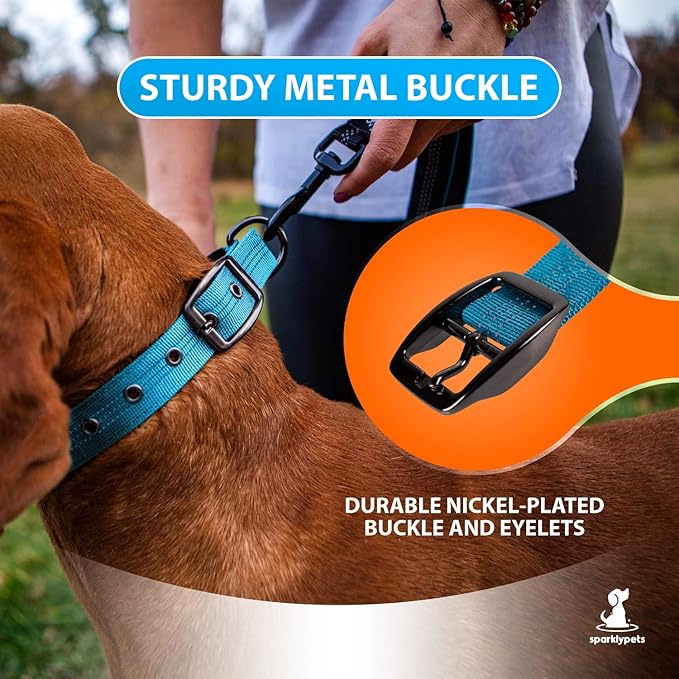 SparklyPets Heavy Duty Dog Collar with Handle for Medium and Large Dogs ??Professional Collar with Reflective Stitches, Soft Handle & Nickel-Plated Buckle (Medium (14,5"~18,5"), Blue)