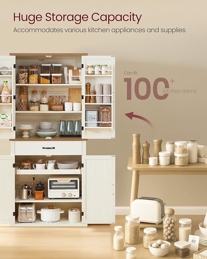 VASAGLE LIRY Collection - Pantry Cabinet, 70.3-Inch Tall Farmhouse Kitchen Storage Cabinet with Barn Doors, Drawer, Tray, Adjustable Shelves, for Kitchen, Dining Room, Rustic White UBBK364W01