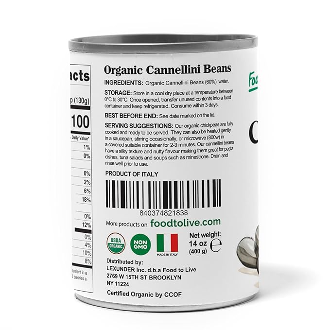 Food to Live Organic Italian Canned Cannellini Beans, 14 oz (Pack of 1) - Unsalted Non-GMO White Kidney Beans. Good Source of Fiber and Protein