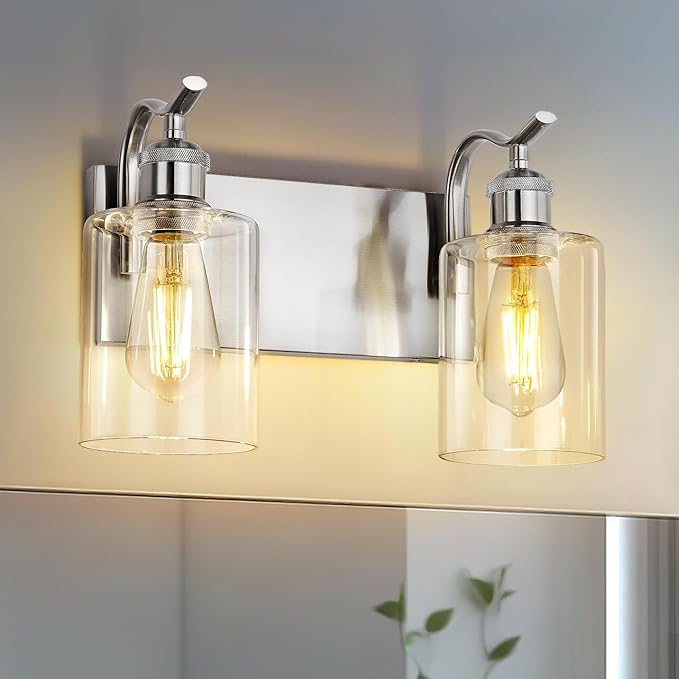 2-Light Bathroom Vanity Light, Brushed Nickel Wall Sconce, Modern Bathroom Light with Clear Glass, VL01BN-2