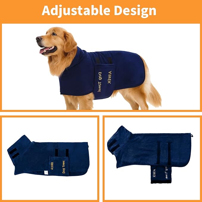 Dog Towel Dog Bathrobe, Microfiber Super Absorbent Pet, Quick Drying Robe for After Bath, Adjustable Collar & Belly Strap Pet Cat Bath Robe Towel Blue-M