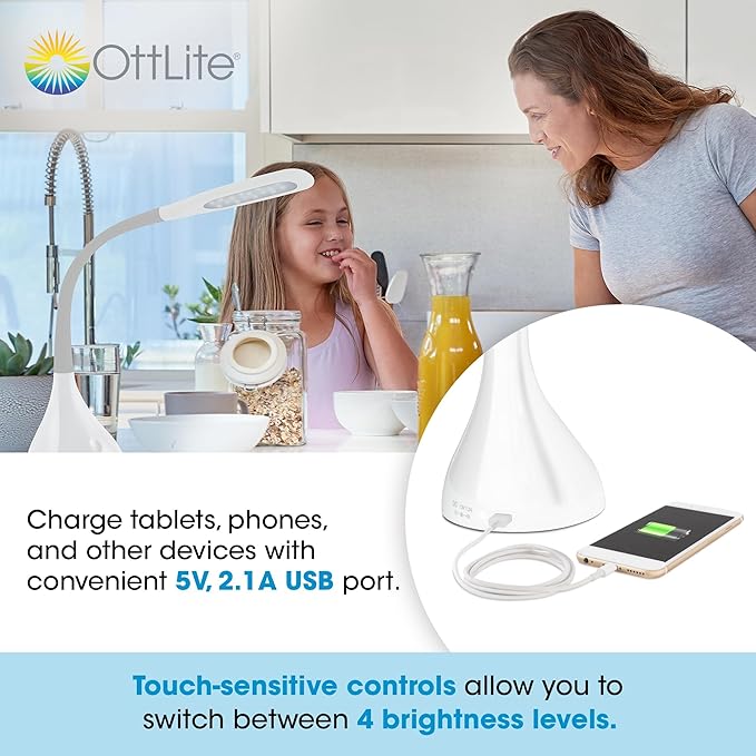 OttLite LED Desk Lamp with Adjustable Neck, Creative Curves (White/Grey) - 2.1A USB Charging Port, 4 Dimmable Brightness Settings, Energy-Efficient ClearSun LEDs for Home & Office