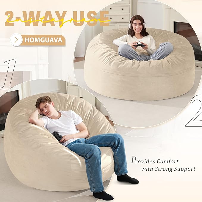 Homguava 5FT Bean Bag Chair Giant BeanBag with Memory Foam Filled, Comfy Bean Bag Chairs for Adults, Adult Bean Bag Chair with Dutch Velvet Cover for Living Room Bedroom-Dark Beige