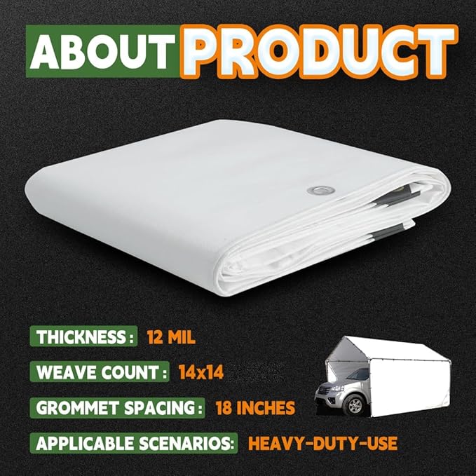RAINDEWAY 12 Mil Heavy Duty White Tarp 7x9 Feet, UV Resistant, Waterproof, Weatherproof Poly Tarp with Metal Grommets and Reinforced Edges