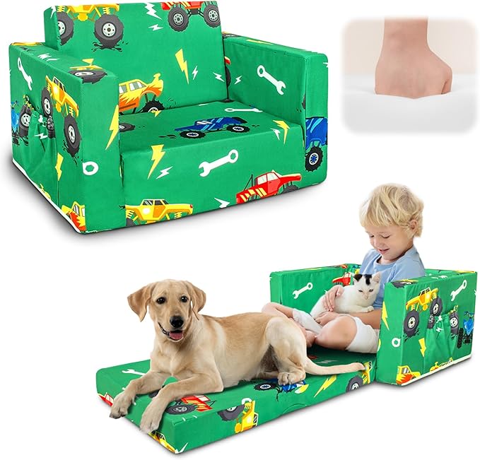 Kids Couch, 2-in-1 Kids Fold Out Sofa, Convertible Toddler Couch to Lounger for Girls and Boys, Soft Toddler Chairs Comfy 1-3 Years Old (Green Monster Truck)