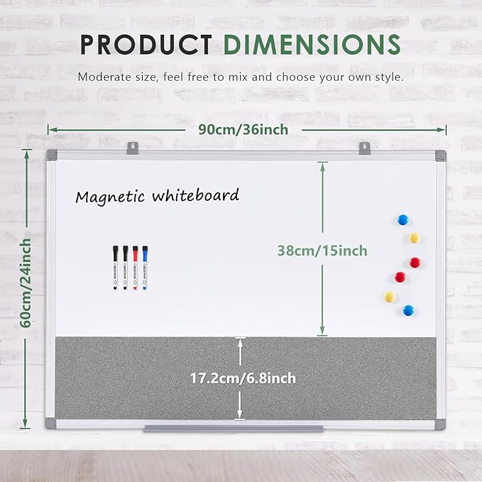 Combo Dry Erase Bulletin Board Wall Mounted Whiteboard and Pin Board Vision Board for Home Kitchen School Office College,Whiteboard & Felt Gray,36x24inches