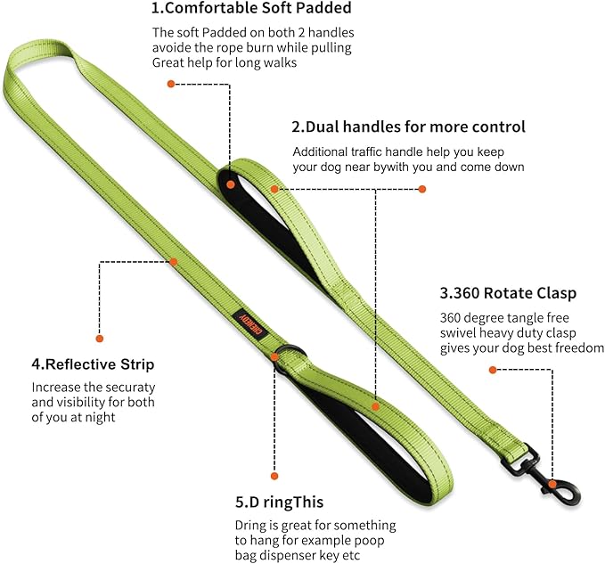 Heavy Duty Dog Leash, Leashes for Large Breed Dogs, Double Handle Dog Leash, Reflective Training Lead, Perfect for Medium to Large Dogs(6FTlight Green)