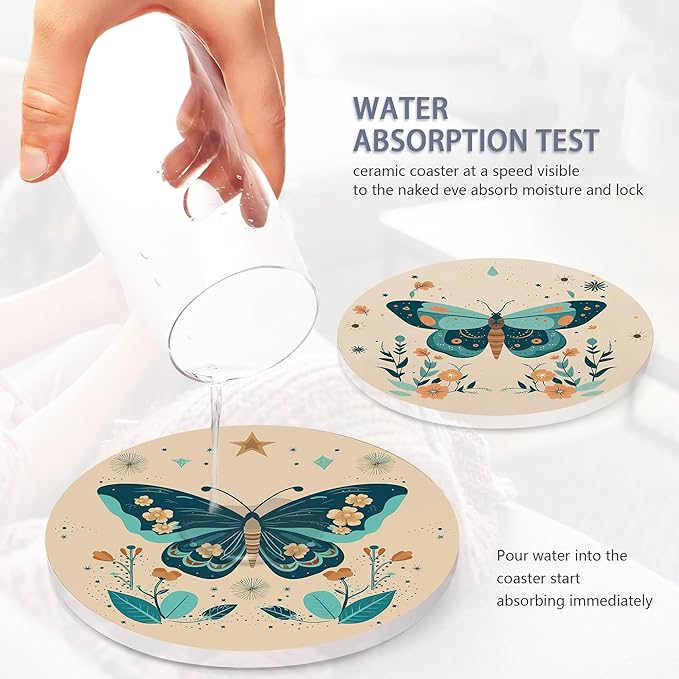 Coaster for Drinks Set of 6, Boho Butterfly Flower Absorbing Round Ceramic Stone Coaster with Cork Base,Tabletop Protection Mat for Mugs and Cups,Coffee Table Wine Glass Home Bar 4 Inch